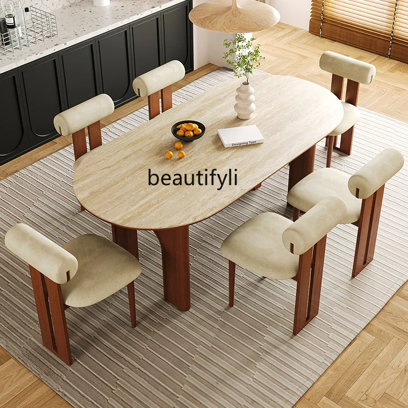 French retro solid wood travertine rock slab dining table oval small apartment medium and ancient style high-end  household