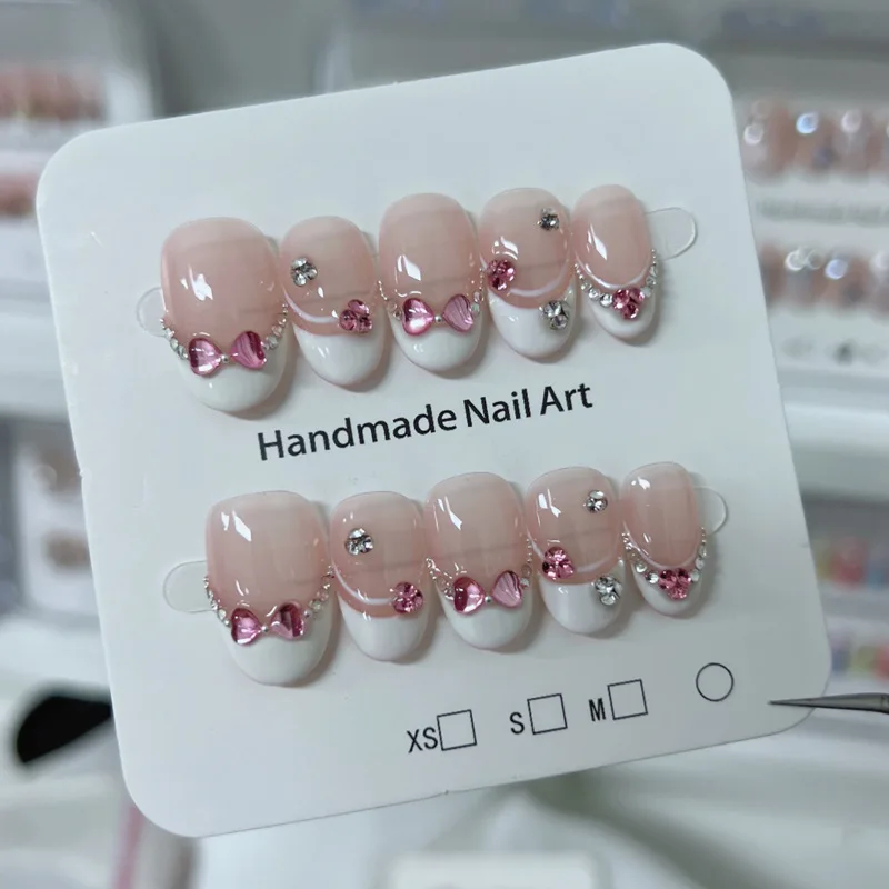 10 pièces français à la main presse sur ongles faux ongles avec strass rose conception faux ongles ongles artificiels Наклад Ногти Uñas