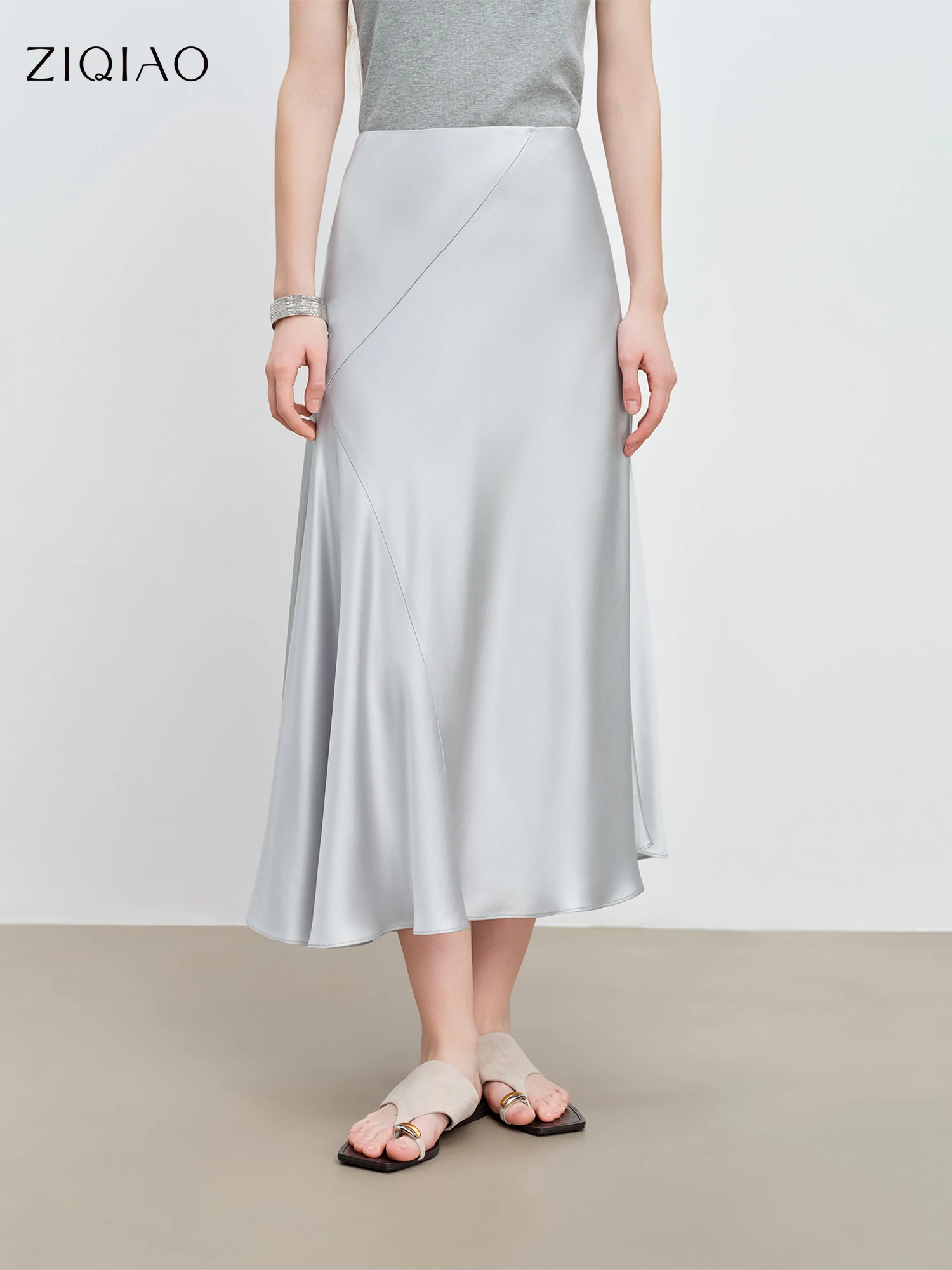 ZIQIAO Petite Luxury-Inspired Asymmetrical Acetate Fabric Skirt for Women 2026 Spring New Arrival Satin A-line Design Long Skirt