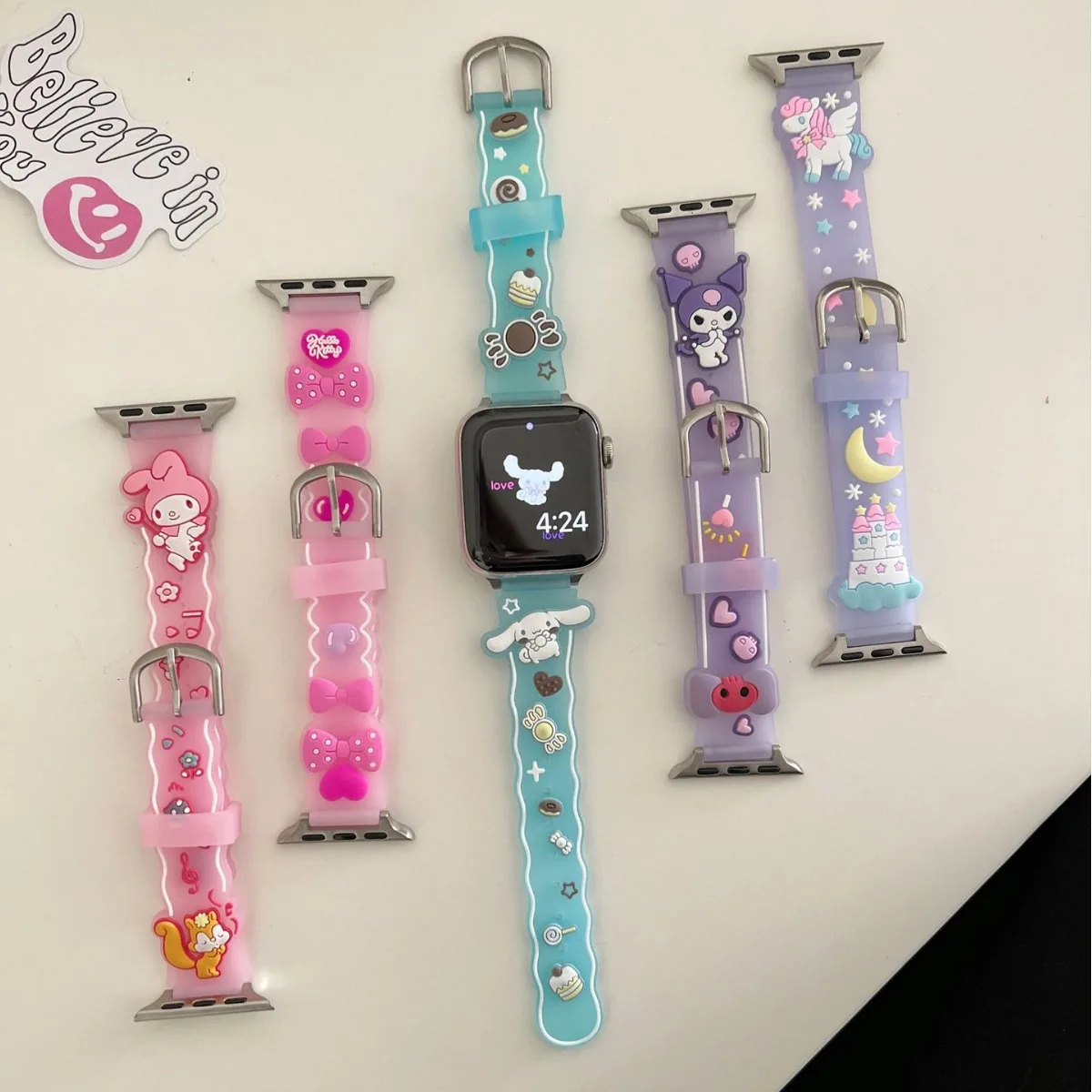Cartoon Sanrio Hello Kitty Apple Watch Strap Cute Cinnamoroll Kuromi Melody 38 40 42MM Apple Silicone Print Strap Girl Gifts