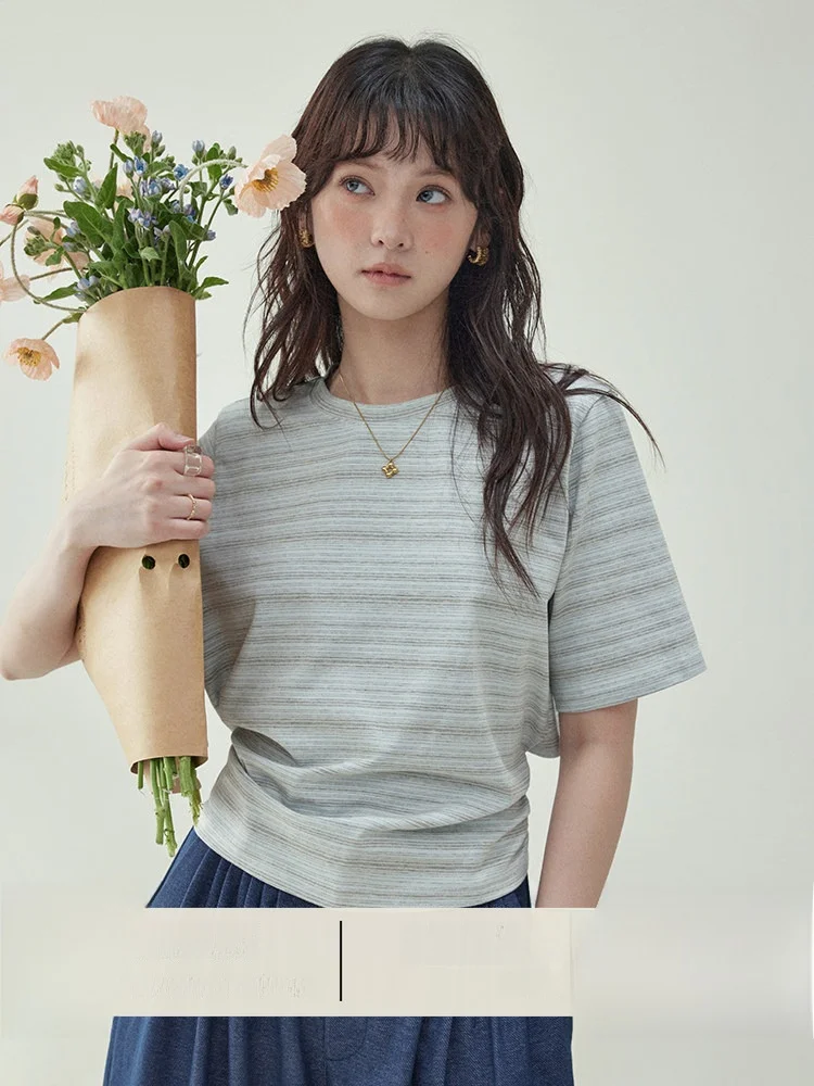 Summer New Women's T-shirt AMUU Original  Knot Short Sleeve Striped Casual Style Loose Fit round Neck Cotton Blend