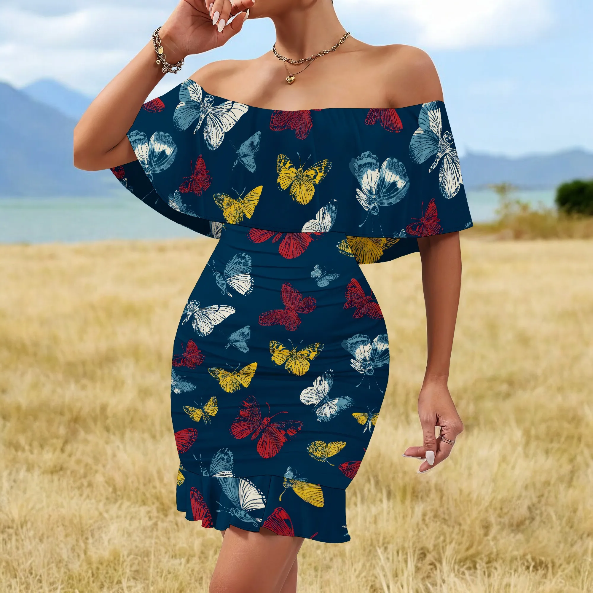 Womens Off Shoulder Ruffle Floral Summer Wedding Guest Dresses A Line Shift Short Skater Dress