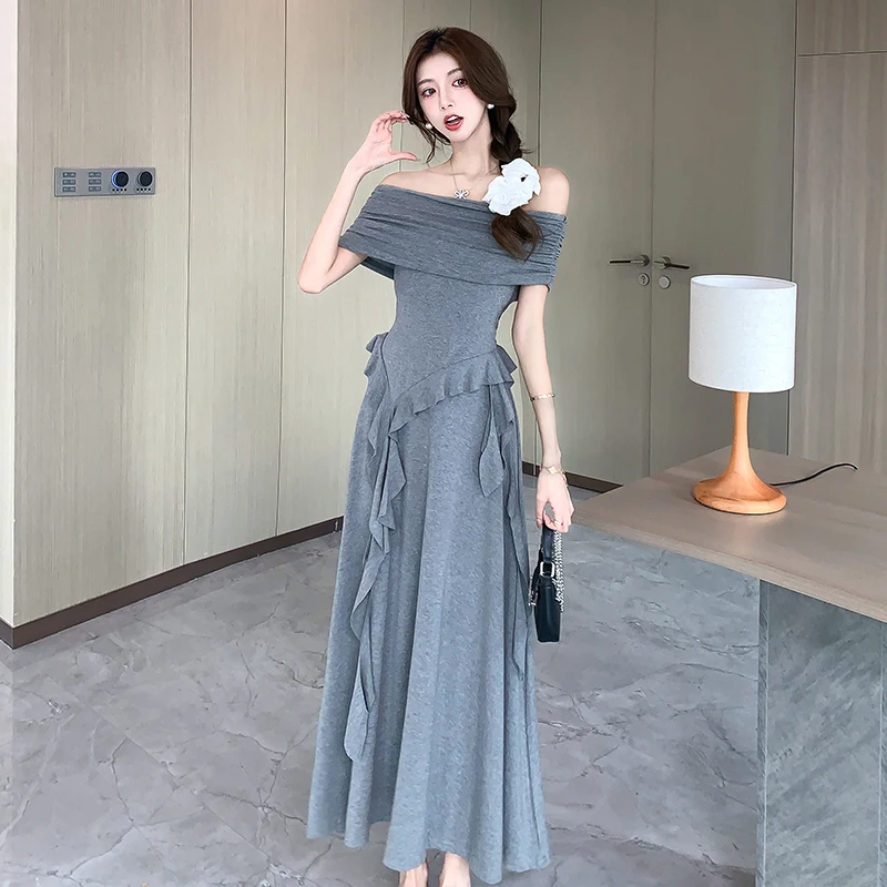 

2024 summer new women two piece skirt sets sexy mature slash neck off shoulder slim t-shirt + high waist a line skirt outfits