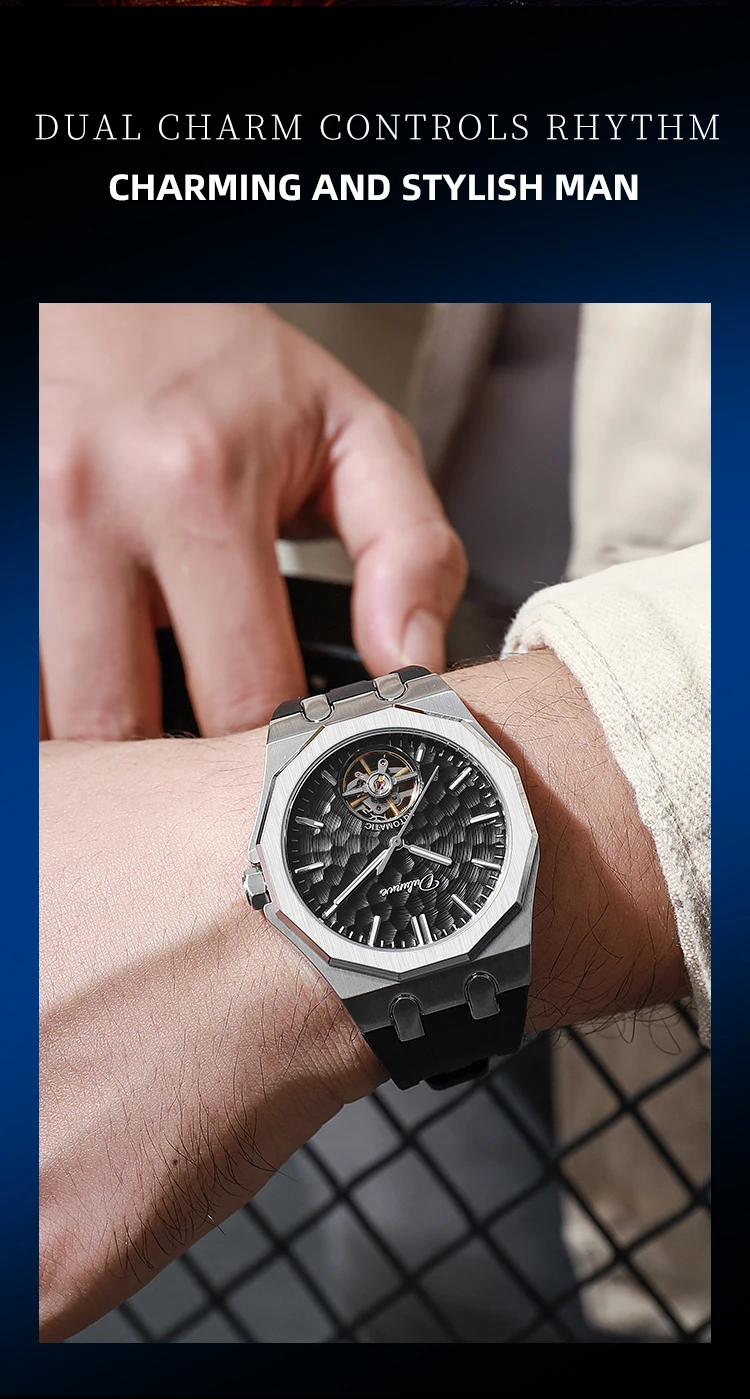 Automatische mechanische Herrenuhr mit orangefarbenem Zifferblatt, Skelett-Tourbillon, achteckige Armbanduhr aus Edelstahl, luxuriöse wasserdichte Uhr – Detail 7