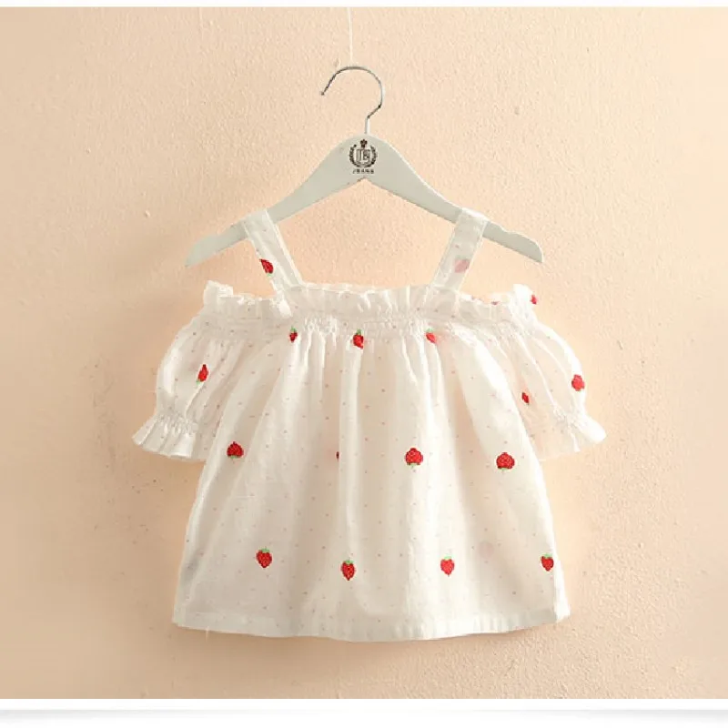 2024 New Fashion 2 3 4 5 6 8 10 Years Cotton Cartoon Print Short Sleeve Off Shoulder Strap Summer T-Shirt For Kids Baby Girls image 4
