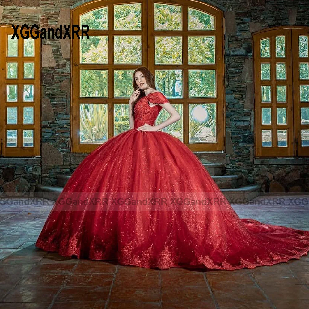 Princess Red Quinceanera Dress 2023 Long Puffy Skirt Ball Gown Prom Party Off Shoulder Sweet 15 16 Years Girl Birthday Pageant