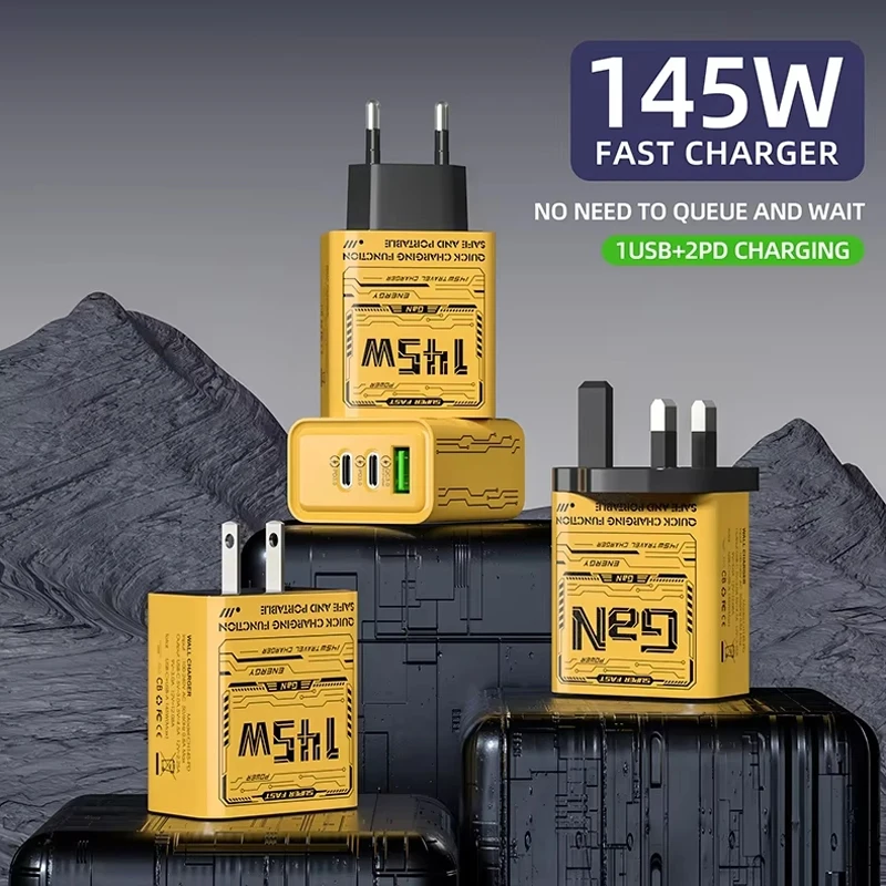 PD145W Fast Charger Phone Adapter EU/US/UK Plug 1 USB+2 PD 3 Ports Charging Head For iPhone Xiaomi Huawei Samsung/Laptop/Tablets