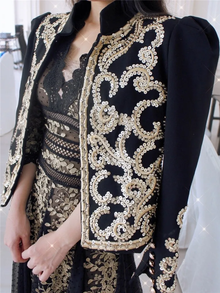 Vintage Court Style Embroidery Women Jacket Stand Collar Beaded Sequin Woolen Short Coat Long Sleeve Black Luxury Party Jackets
