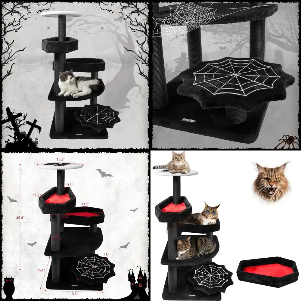 

Gothic-Style Cat Tree with Coffin Bed, 46.9 Tall, Scratching Posts, Suitable for Large Indoor Cats, Black and Red Halloween Deco
