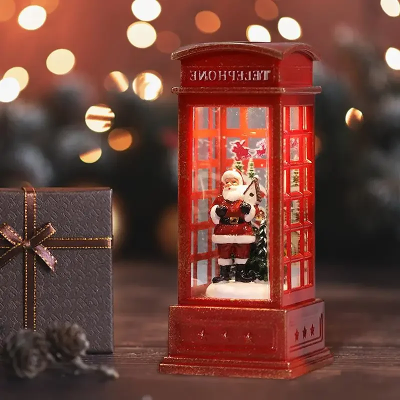 Christmas Red Vintage Luminous Phone Booth Lantern Christmas Tree Snowman Santa Claus Figurine in Telephone Booth Decoration