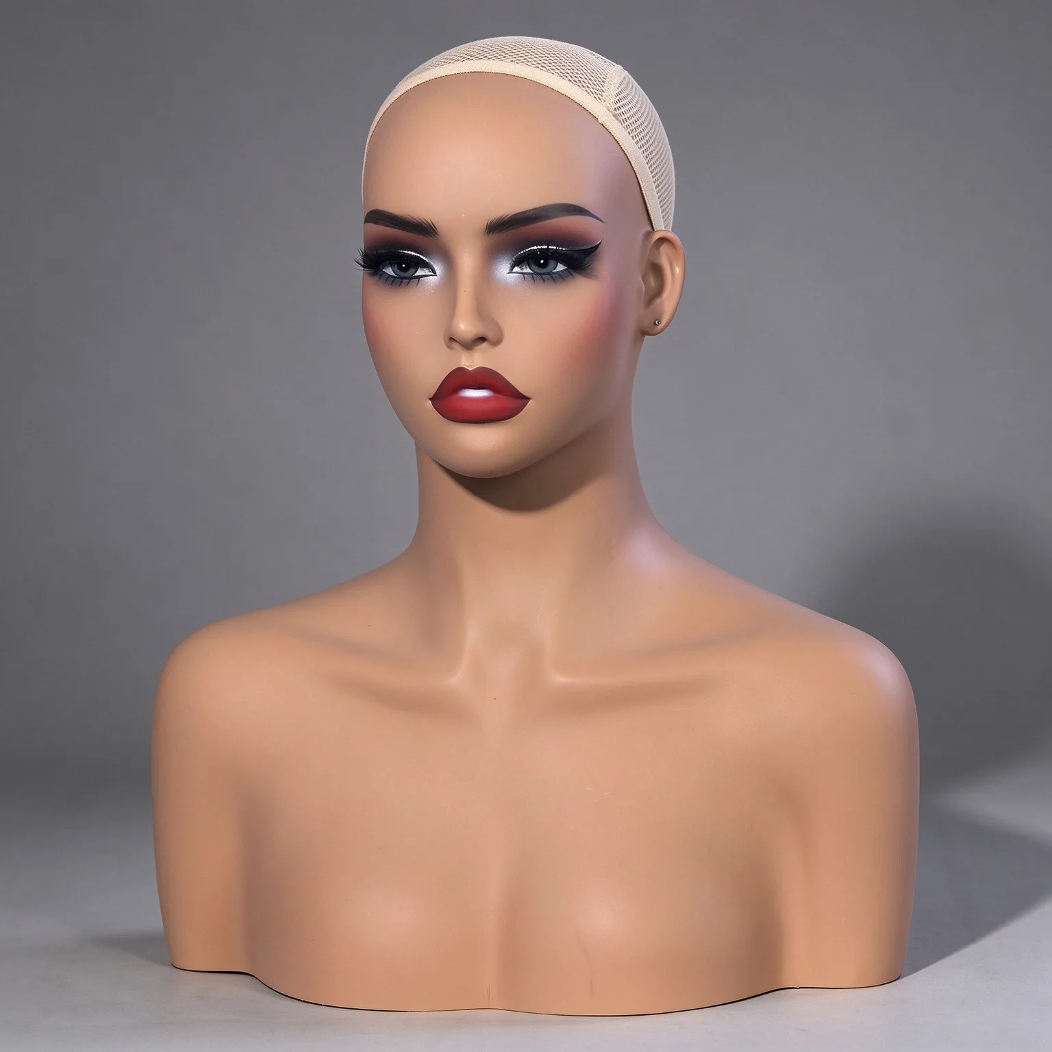 Medium Skin Tone，Realistic Makeup Female Bust Mannequin Head with Shoulders, PVC Half Body Manikin, Wig Display Model for Wigs