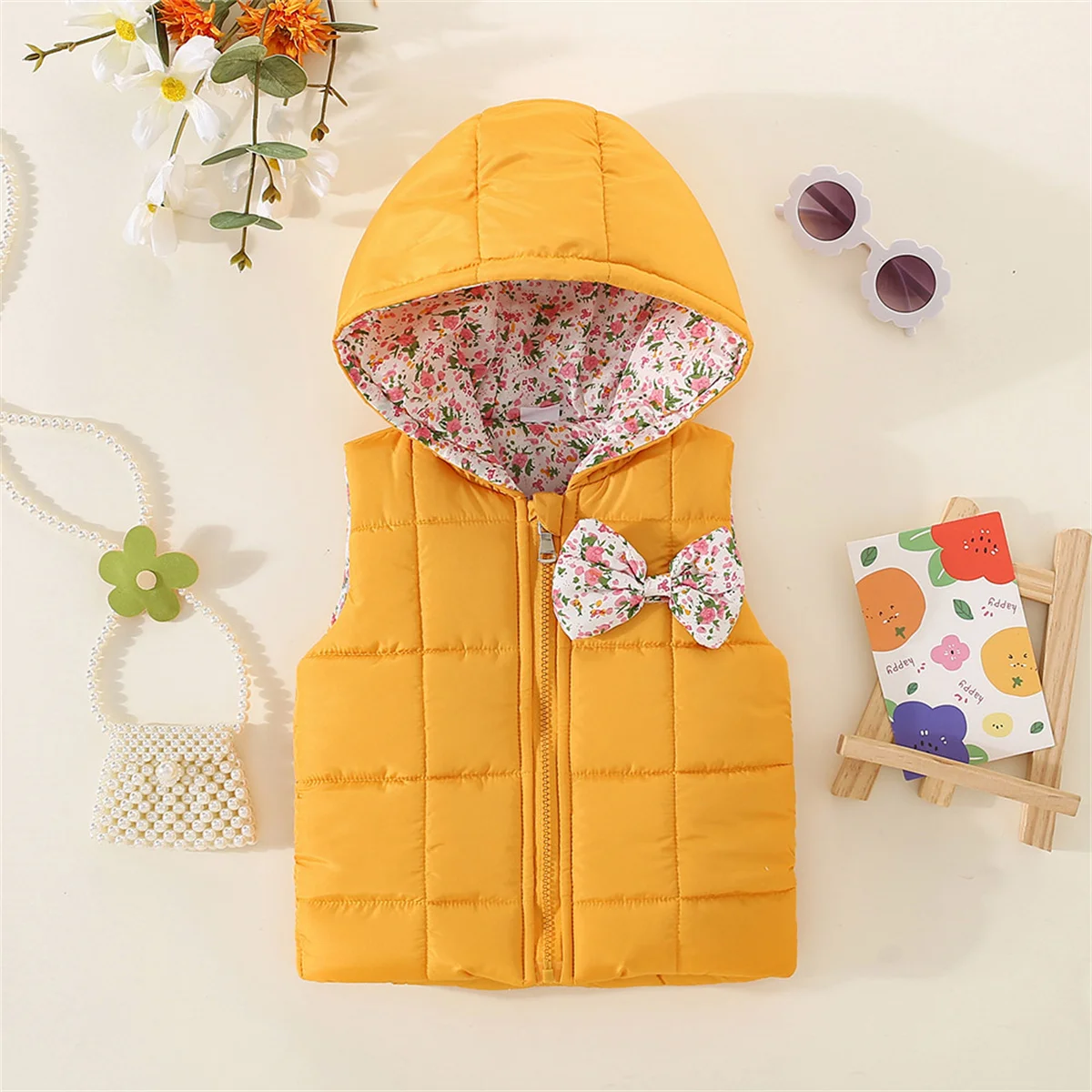 Autumn And Winter Girls\' Cotton Vest Cartoon Clip Solid Hooded Sweet Bow Zipper Warm Coat