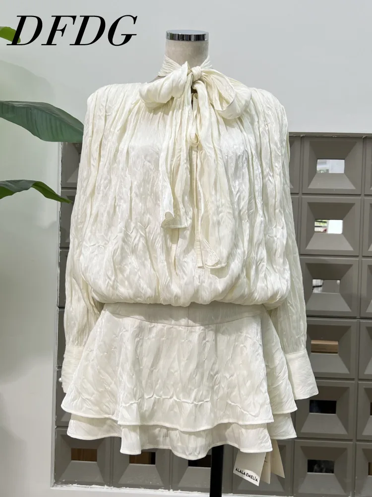 

DFDG Женское платье трапециевидной формы 2025 с рюшами, свободный крой, с длинными рукавами, многоуровневым завязкой на талии, весна-лето, пляжное дизайнерское платье для свадебных гостей