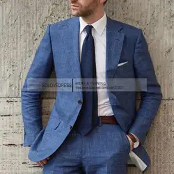 Traje de lino de 2 piezas para hombre, trajes vintage informales ajustados, esmoquin para padrinos de boda, conjunto de pantalones y chaqueta de playa de verano para boda