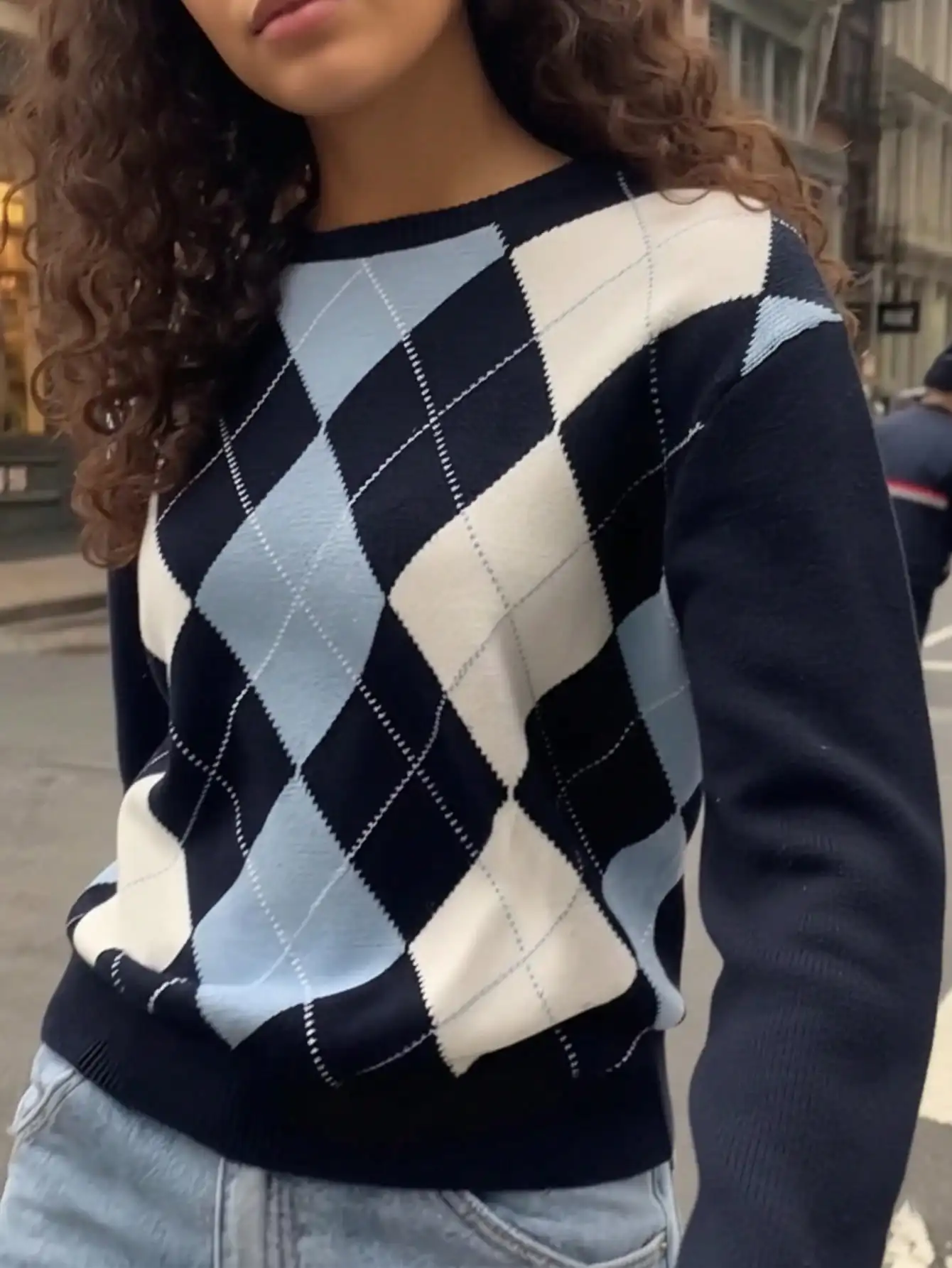 

Женский вязаный свитер с узором аргайл, круглым вырезом и длинными рукавами, средней эластичности, для повседневной и элегантной носки