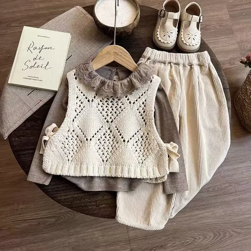 

Girls' Knitted Vest Set Autumn New Fashionable Retro Children's Baby Girl Loose Pants Undercover 3-Piece Set