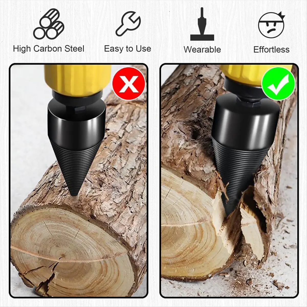 A95G Firewood Log Splitter 42mm+32mm,Wood Splitting Logs Bits Firewood Detachable Drill Bit Black Steel Hex Shank Cone