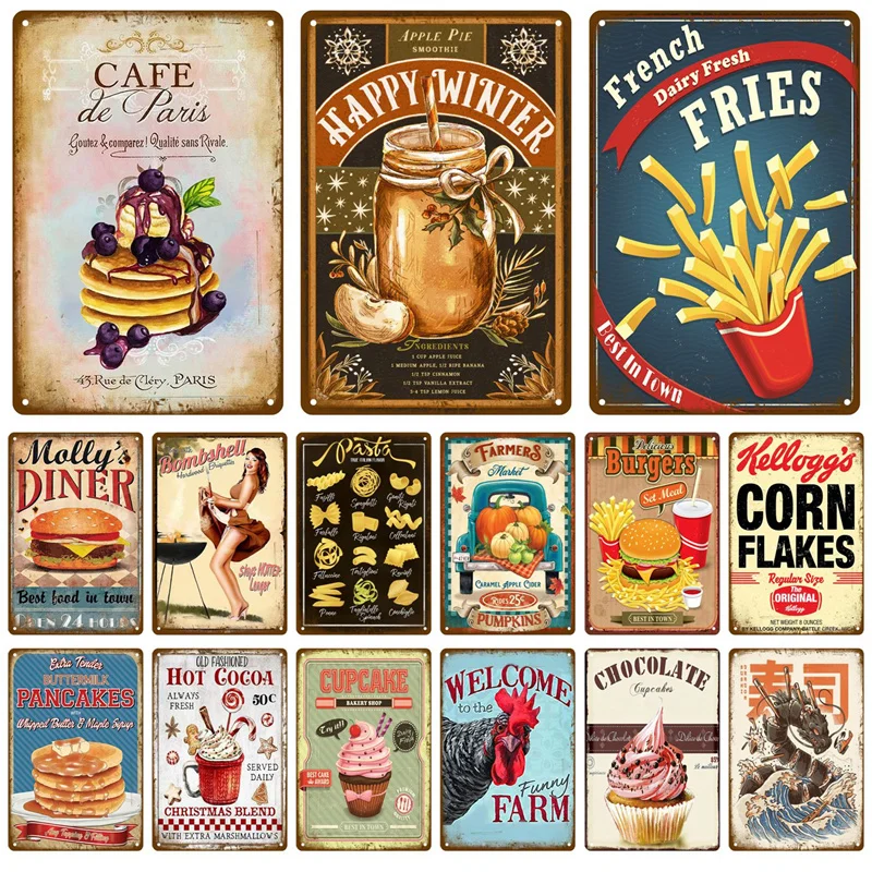 Wall Art Decor Fast Food Metal Sign Plaque Vintage Tin Sign Iron Painting For Party Area Kitchen Shop Restaurant Cafe Diner Bar