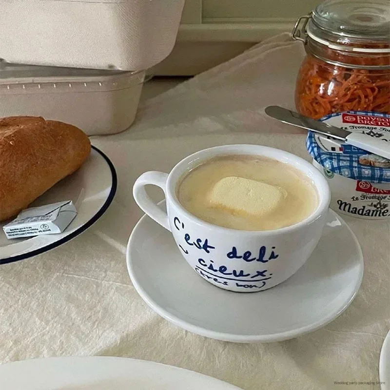 Ensemble tasse et soucoupe en céramique bleue à lettres, style japonais, pour café de niche, rétro français, romantique, pour café et lait
