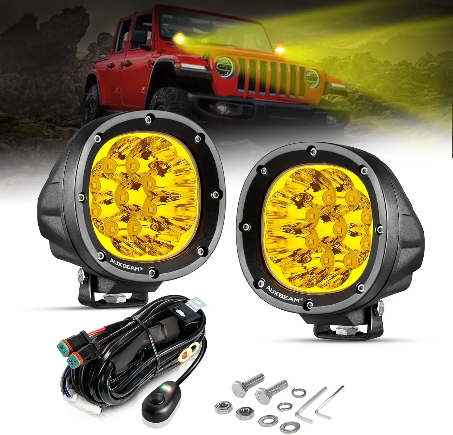 4 Inch 90W LED 2PCS 9000LM Amber Offroad Lights Yellow Fog Lights Round Spot Driving Work Light for Truck Pickup SUV ATV UTV 4x4