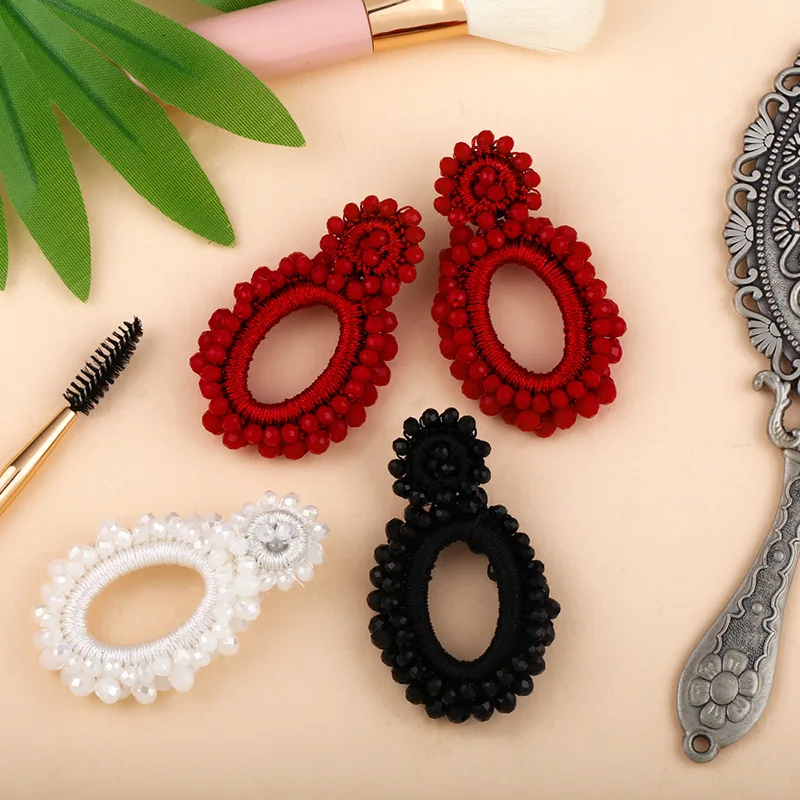 FLOLA  Fashion Big Red Earrings for Women Beads Crystal Boho Bohemian Earrings  Fashion Jewelry kralen oorbellen ersq14