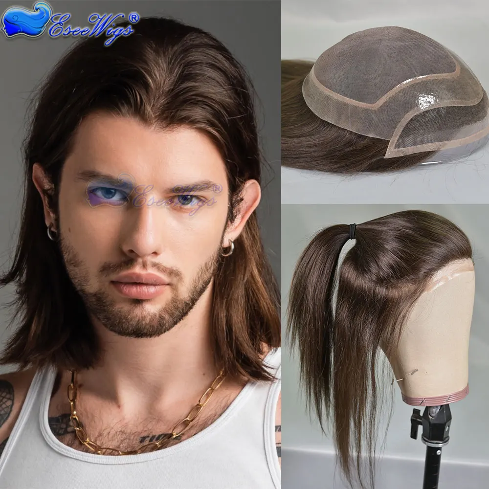 Brown Men's Mono Lace Wig with PU Replacement Straight Hairline Bleached Knots 12 Inch Long Human Hair Toupee 10