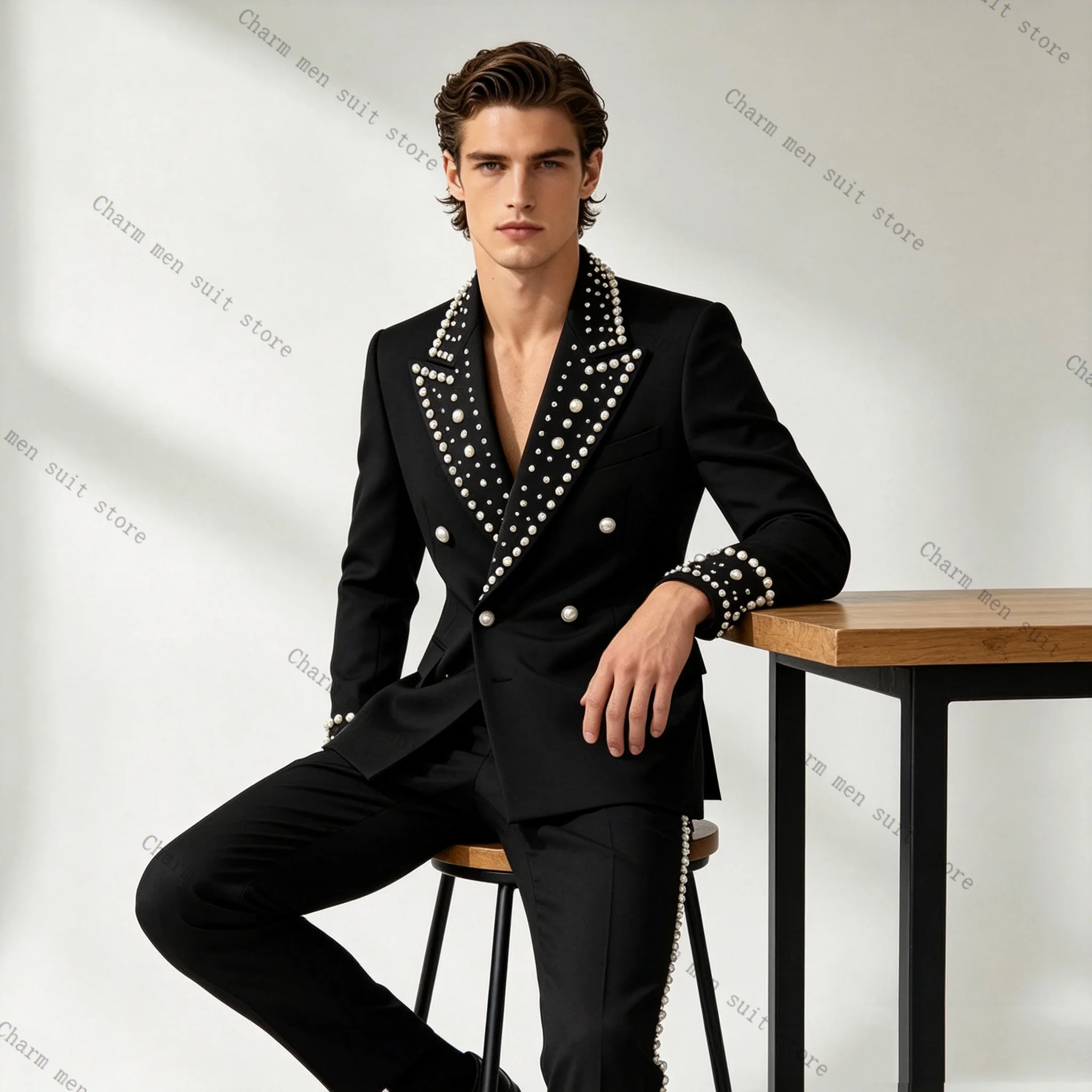 

Designer Pearls Men Suits Set 2 Pcs Blazer+Pants Trousers Cotton Wedding Tuxedo Formal Office Business Groom Jacket Coat