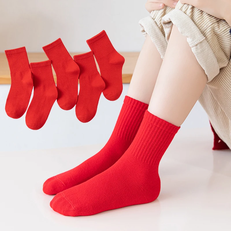 Children's Pure Red Cotton Socks Spring and Autumn Boys and Girls Sports and Leisure Socks 2-12Years