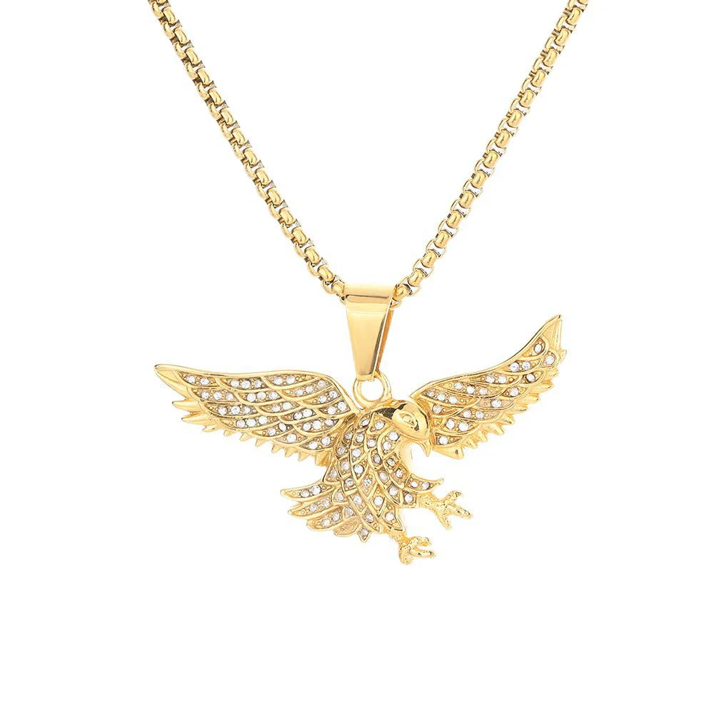 

Punk Fashion Iced Out Bling Eagle Hawk Pendant Gold Color Stainless Steel Animal Necklace for Women Men American Jewelry Gift