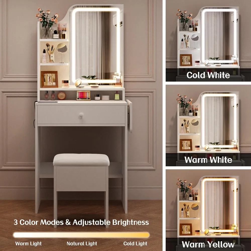 Piccola toeletta con specchio e luce, toeletta con stazione di ricarica, toeletta compatta con scatola portaoggetti