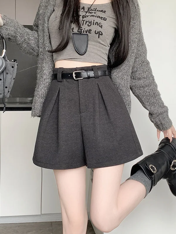 Wollen pak of broek dames herfst winter slanke A-lijn hotpants hoge taille kleine maat casual wijde pijpen bootcut broek