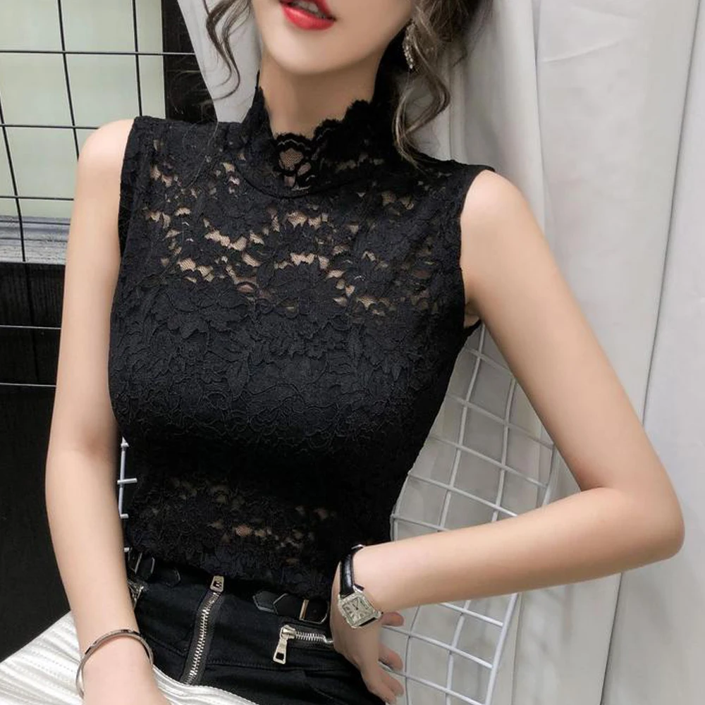 Flower Lace Female Blouses Vest S-XL Spring Summer Elastic T Shirt Girl Rose Lace Turtleneck Sleeveless Women Bottoming Tanks