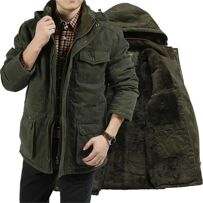 

Plus Size 7XL 8XL Winter Jacket Men Cotton Cashmere Parkas men Casual Multi-pockets Hooded Collar Windbreaker