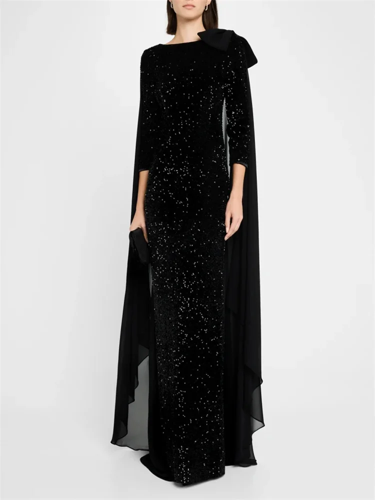 Customized High Neckline 3/4 Sleeves Sequin Column Evening Dress Sexy Back Zipper With Chiffon Cape Floor Length Gown For Women