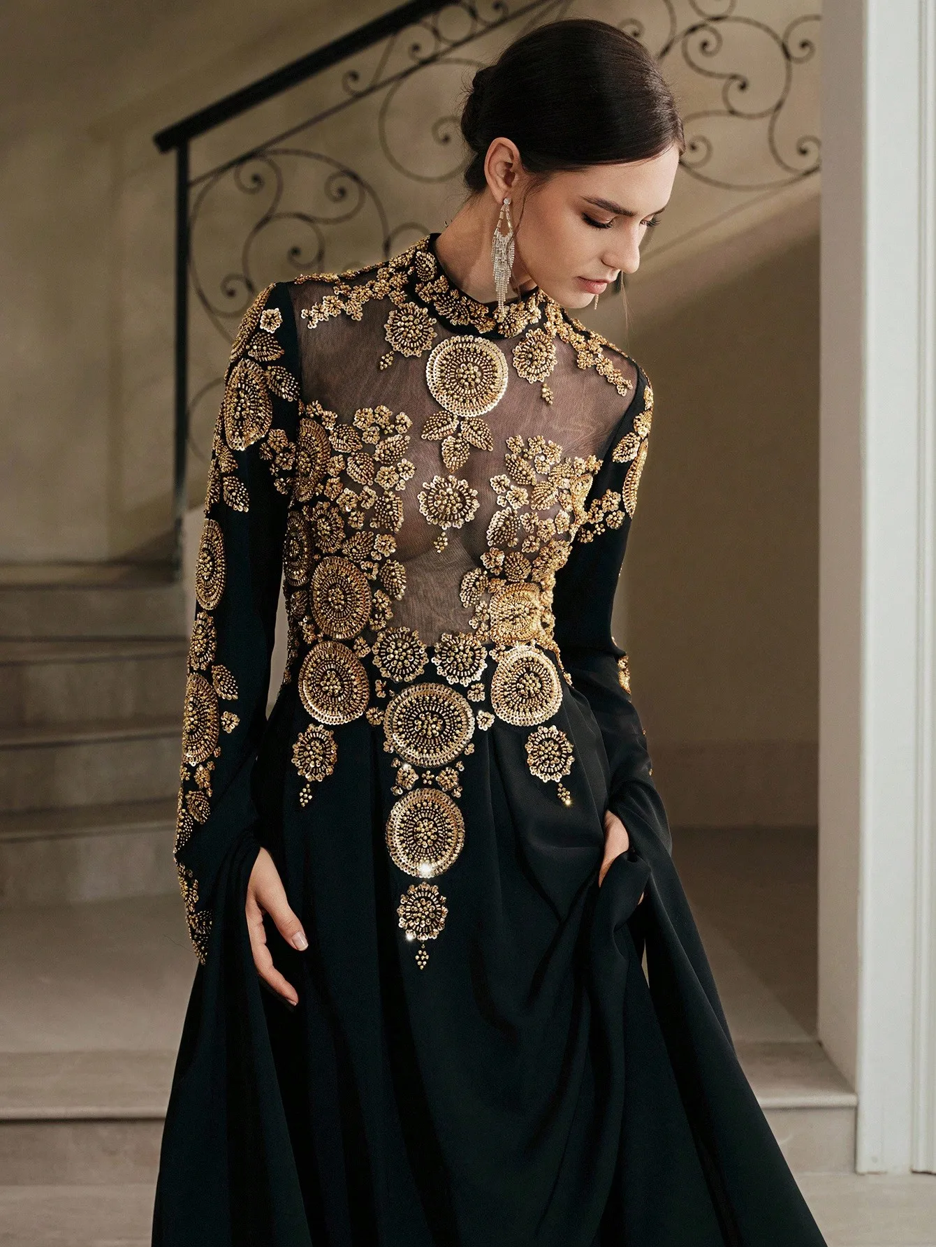 

Black High-Neck Long Sleeve Evening Gown with Gold Beaded Floral Embroidery