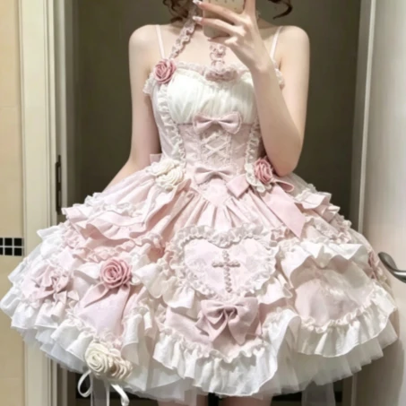 Süße Vintage Kurzarm Frauen Elegante Prinzessin Lolita Kleid Kawaii Schlank Einteiliges Set Mini Kleider Abend Party Frühjahr Neue