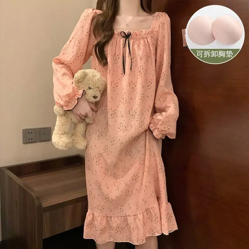 Teen Girl Long-sleeve Nightdress with Chest Padding Spring Autumn Women Ladies Loungewear Soft Homewear Loose Home Clothes Woman
