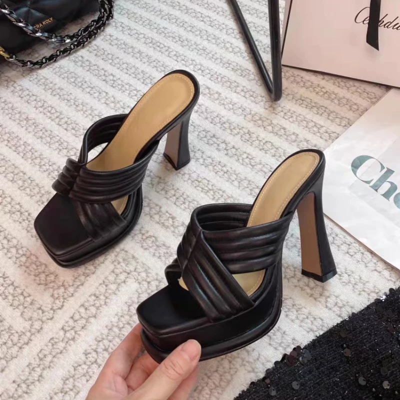 

Square Toe Elegant Women Slippers Fashion Mid Heel Leather Sandals Open Toe Shoes 2025New Trend Spring Designer Dress Chaussures
