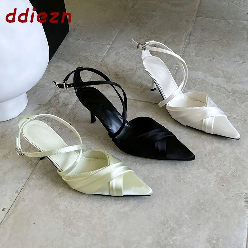 

Модные шелковые туфли-лодочки с острым носком на тонком каблуке для женщин, с ремешком на щиколотке, для вечеринок, сексуальные женские туфли на высоком каблуке, новинка 2026 года