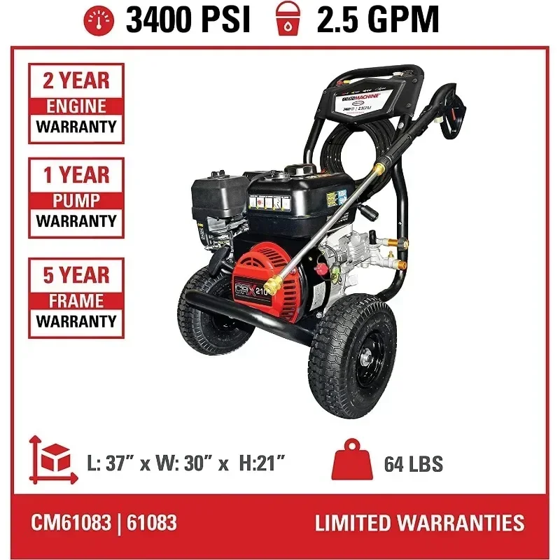 Cleaning CM61083 Clean Machine 3400 PSI Gas Pressure Washer, 2.5 GPM, CRX Engine, Includes Spray Gun and Wand, 4 QC Nozz