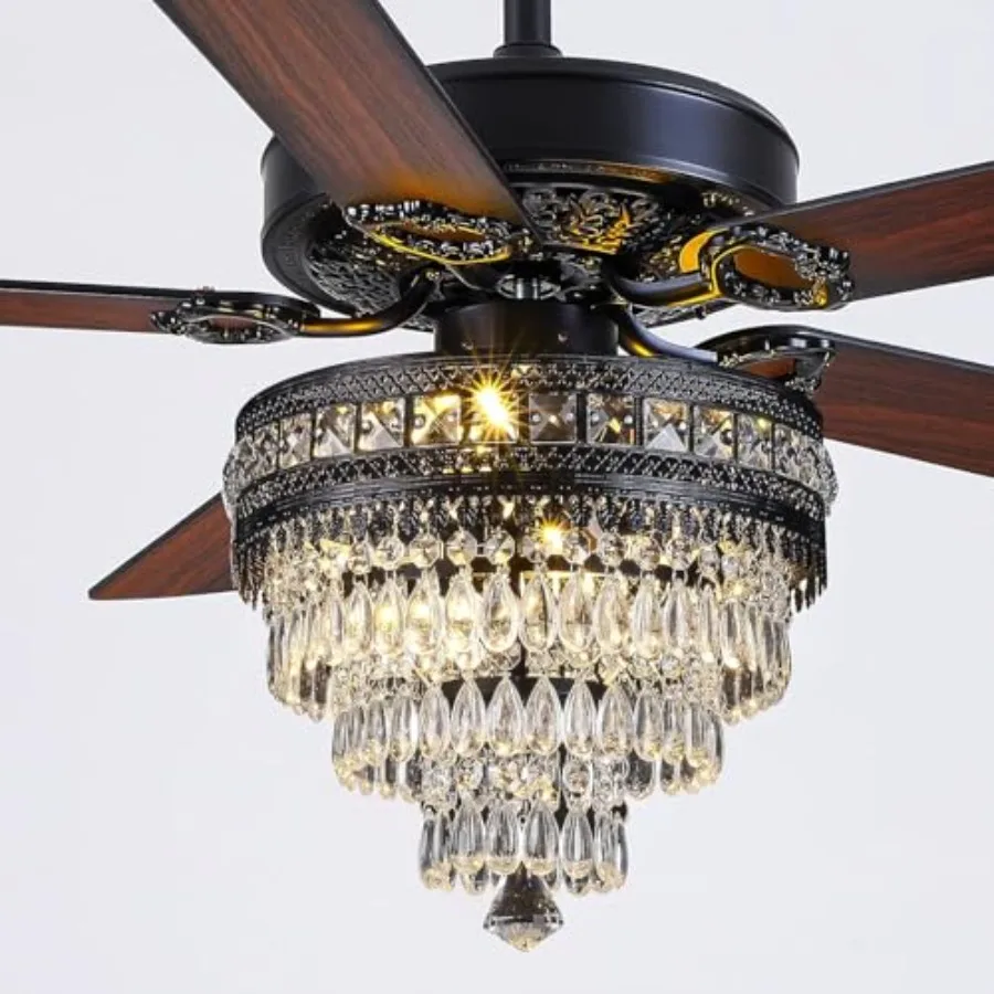 Crystal Ceiling Fan Fandelier with Lights - Modern Black Chandelier Fan for Dining Room and Living Room, AC Motor, Noiseless, R