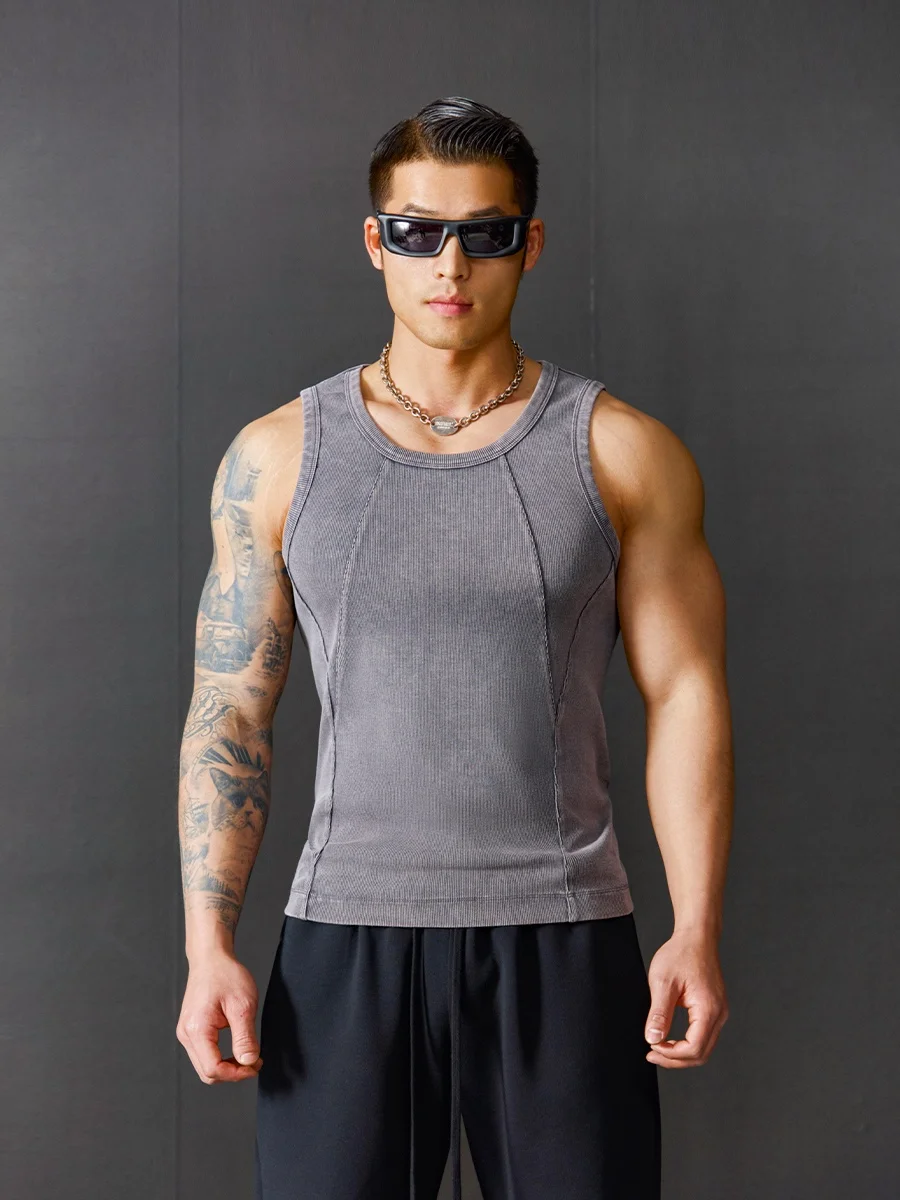 Atopapa Men's Fitness Training Tank Top Washed Unisex Sleeveless T-Shirt Elastic Slim Fit Summer Sports Wear Moisture Wicking