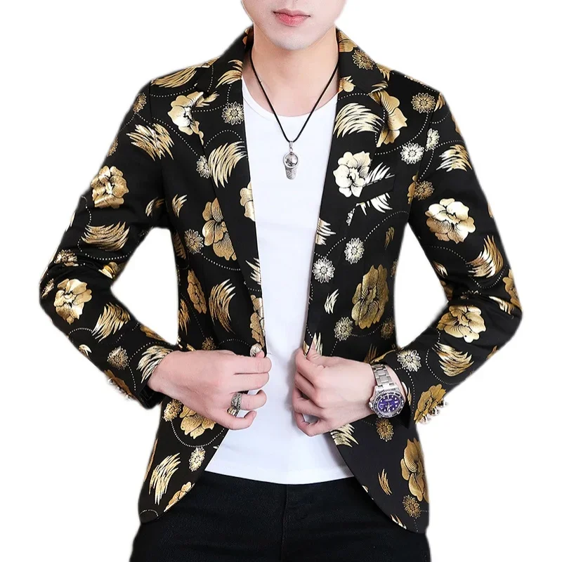 Men Golden Flower Print Blazers 2024 Spring Formal Dress Tuxedo Casual Slim Fit Suit Jacket / High Quality Fashion Men Clothing