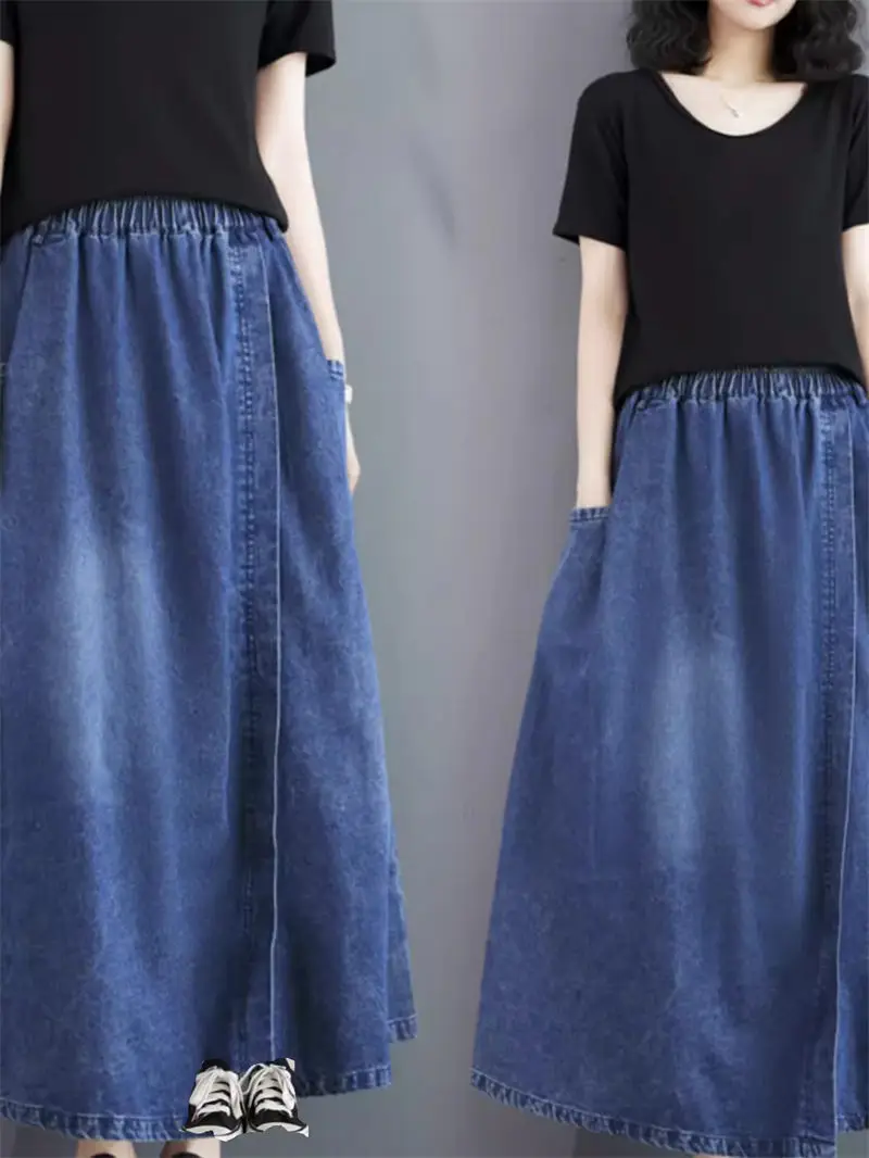 

Fashionable Design Retro Denim Skirt Women's Elastic Waist Loose Slimming A-Line Irregular Slit Long Skirt Jeans Saias K720