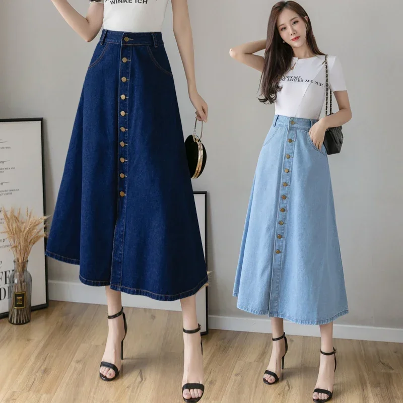 2023 New Spring Summer Women Denim Skirt Oversize Korean Style A-line Solid Long Skirts Fashion High Waist Female Skirts