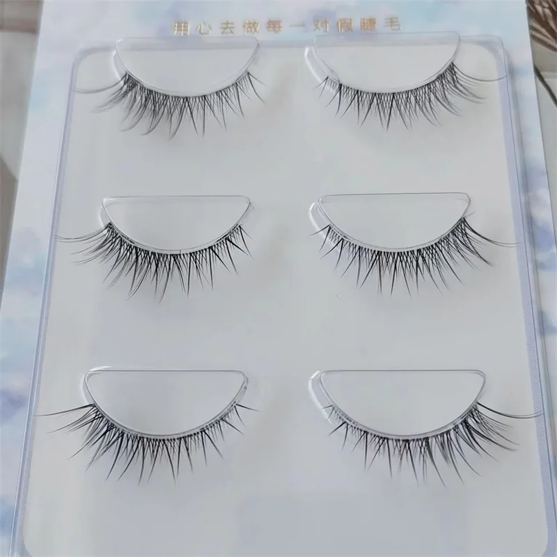 Top sale 3 Pair 3D Mink Lashes Natural HandMade Full Strip Lashes Transparent terrier Short Mink Lashes Style False Eyelashes