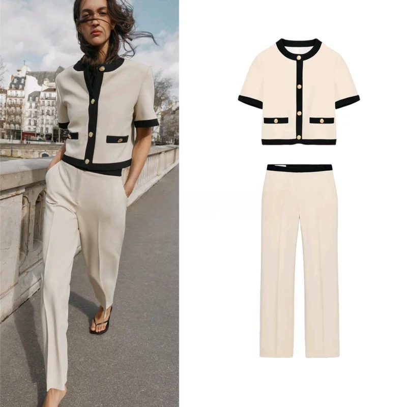 

Color Block Short Sleeve Suit Jacket High Waist Straight Leg Pants Women's Fashion Spring Outfit Casual round Neck Coat