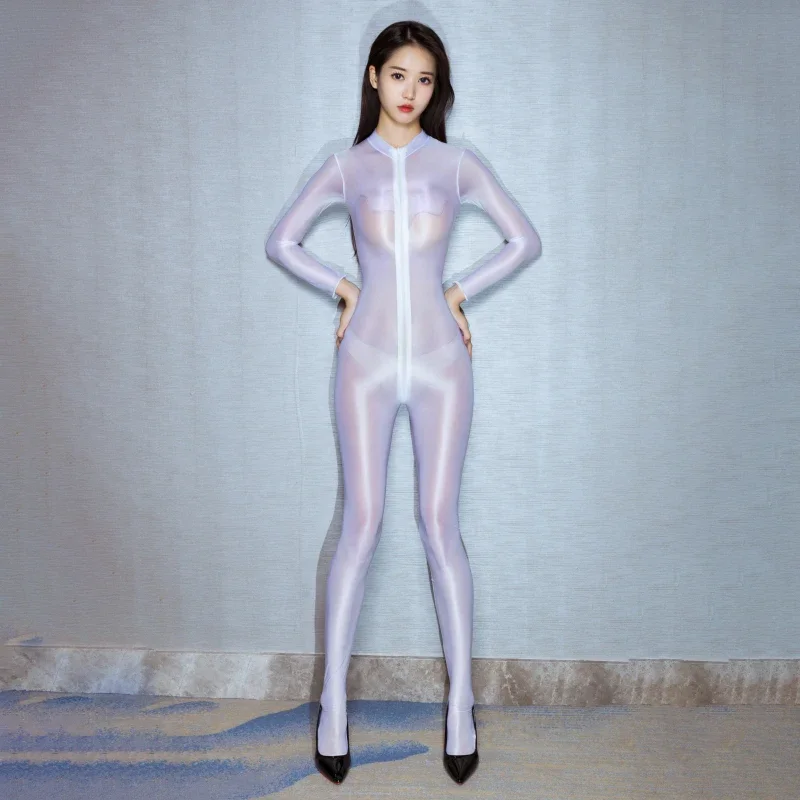 Gothic Double Zippers Open Crotch Catsuit Bodysuit Smooth Glossy Long Sleeve Full Body Stockings Women Sexy Cosplay Costumes