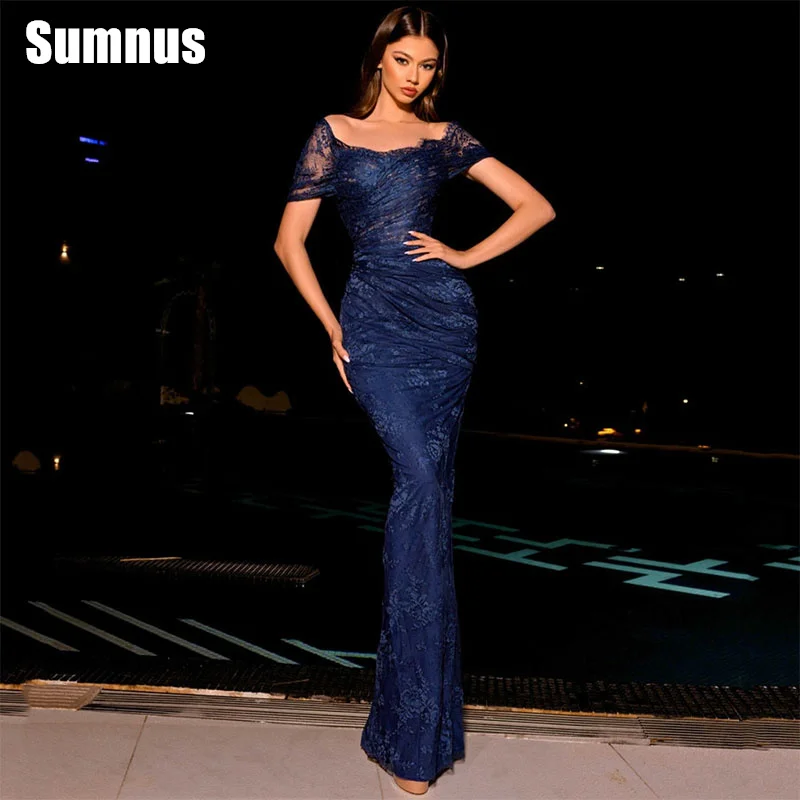 Sumnus Blue Lace Mermaid Prom Dress Square Neck Evening Gowns Floor Length Party Dresses Vestido De Noche 2024 Customized