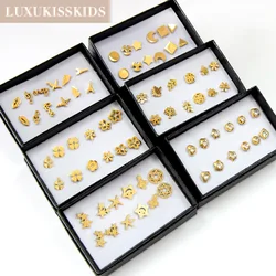 LUXUKISSKIDS 6pairs/Box Earrings Piercing Sets Flower серьги Medical Steel Zirconia Studs 18K Gold Plated Jewelry Child Gifts
